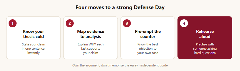 Four moves to a strong Defense Day. Move one: know your one-sentence thesis cold, so you can state your claim instantly. Move two: map your evidence to analysis, being able to explain why each piece of evidence supports your claim. Move three: pre-empt the strongest counter-argument, knowing the best objection to your own case. Move four: rehearse aloud under questioning, practising with someone who asks hard questions.