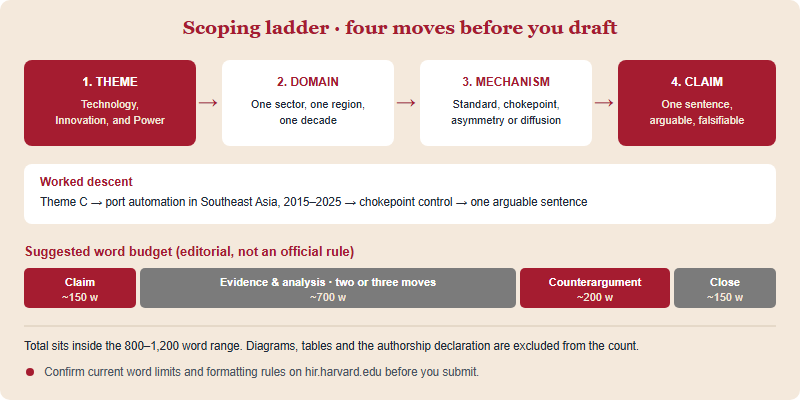 Four-step scoping ladder from theme to domain to mechanism to claim, with a suggested word budget bar underneath