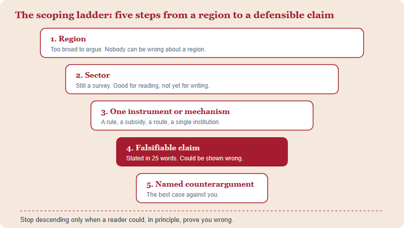 A five-step scoping ladder narrowing from region, to sector, to a single mechanism or instrument, to a falsifiable claim, to a named counterargument